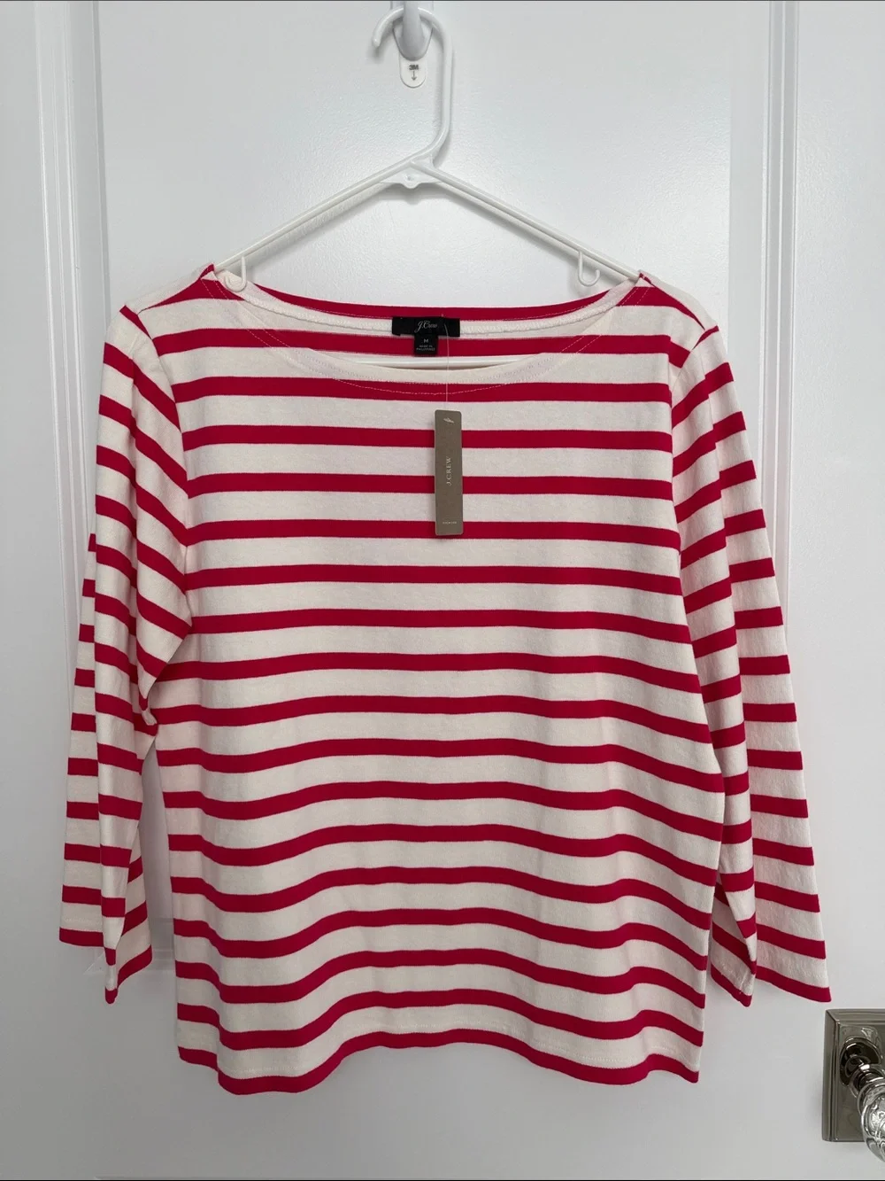 J. Crew Red and White Striped Boatneck Long Sleeve Top